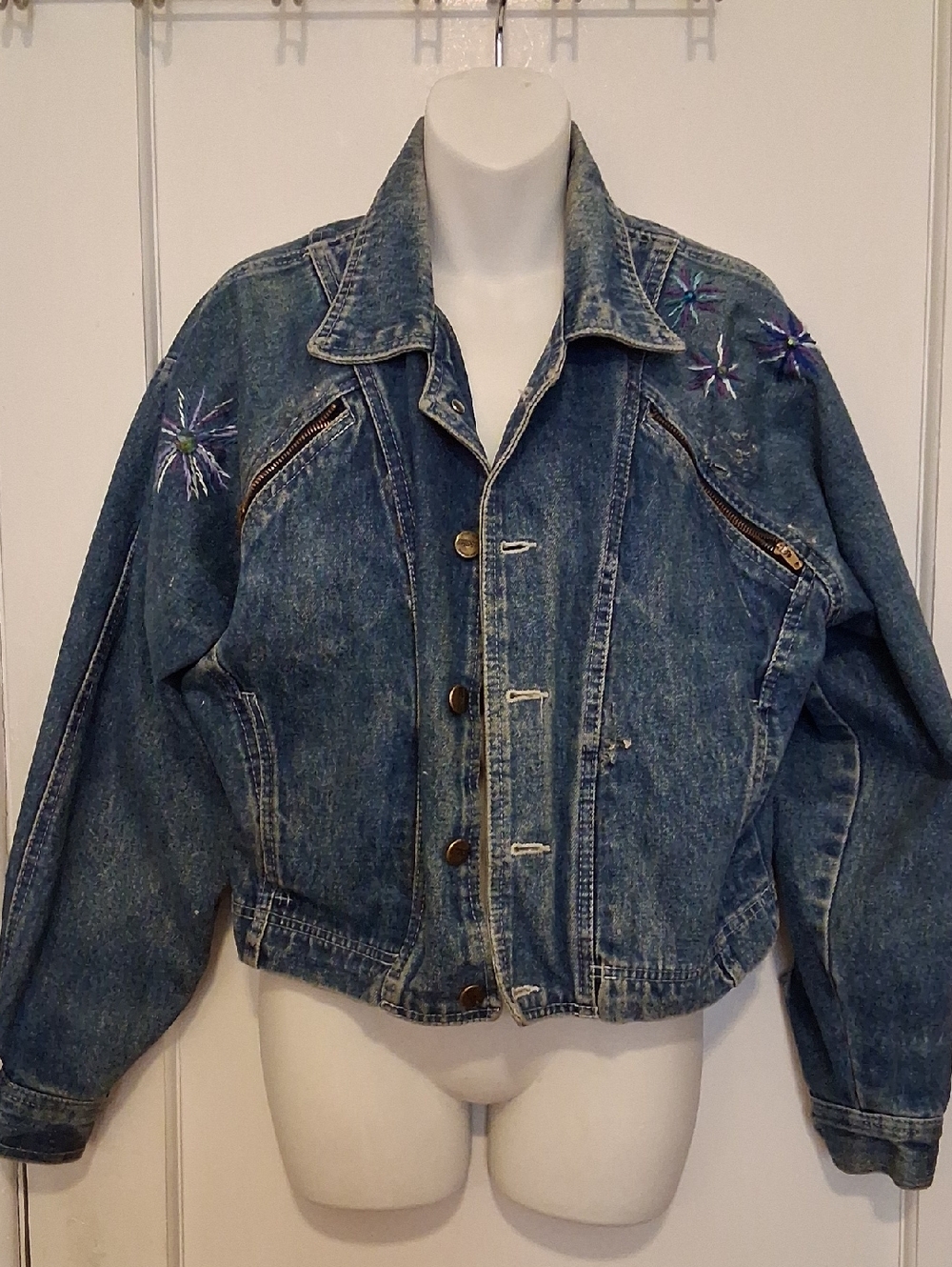 Hand Embroidered Short Blue Denim Jacket for Women Back Zips For Size Variety